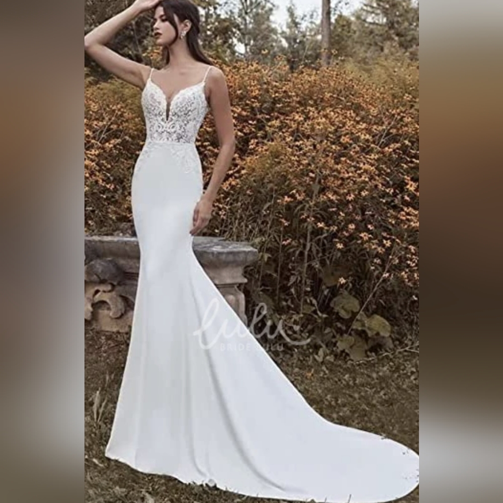 NEW BrideLulu Ivory Satin Mermaid Wedding Dress with Spaghetti Straps and Appliq
